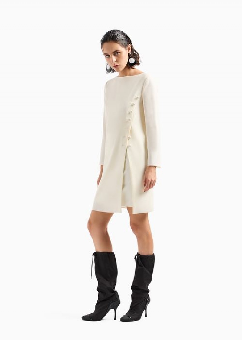 White Emporio Armani Technical Cady Tunic Dress With Satin Buttons | EA-SN56565