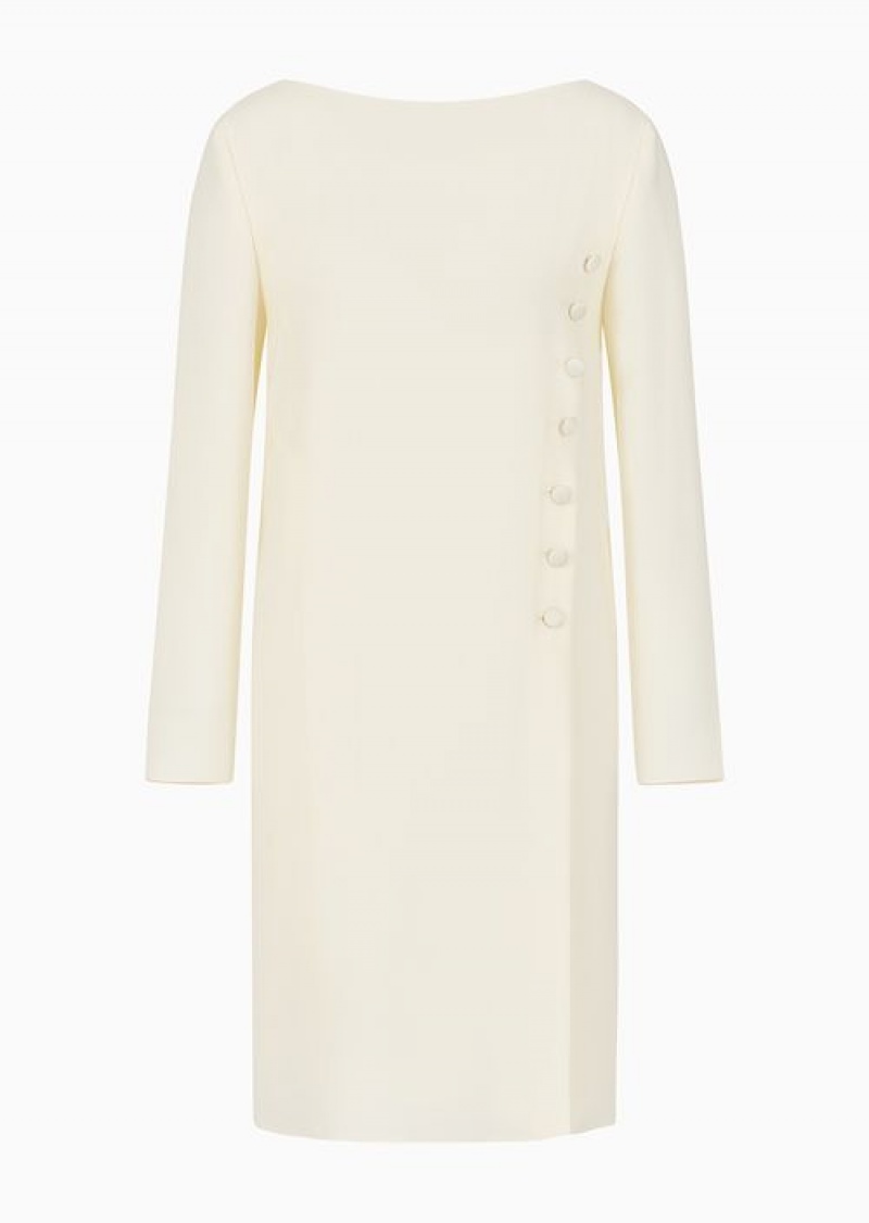 White Emporio Armani Technical Cady Tunic Dress With Satin Buttons | EA-SN56565