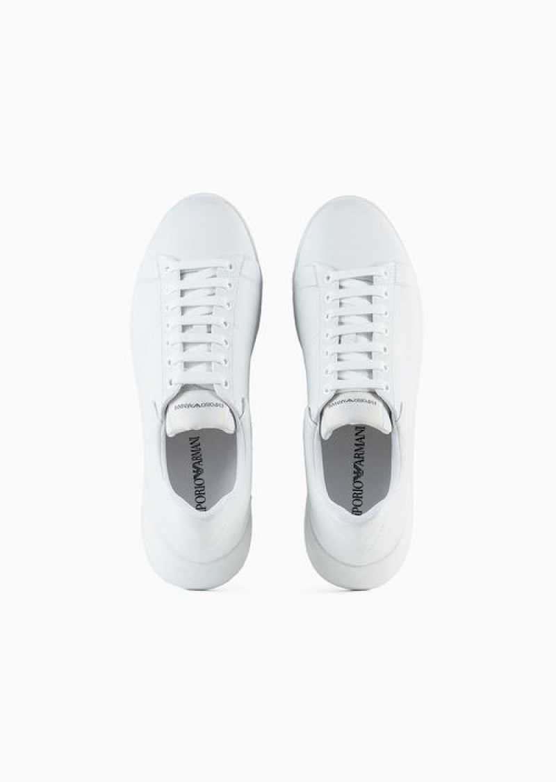 White Emporio Armani Tumbled Leather Sneakers | EA-SN58960