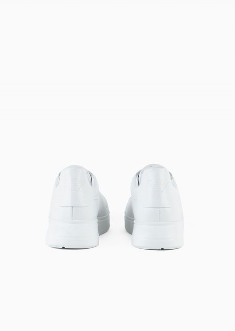 White Emporio Armani Tumbled Leather Sneakers | EA-SN58960