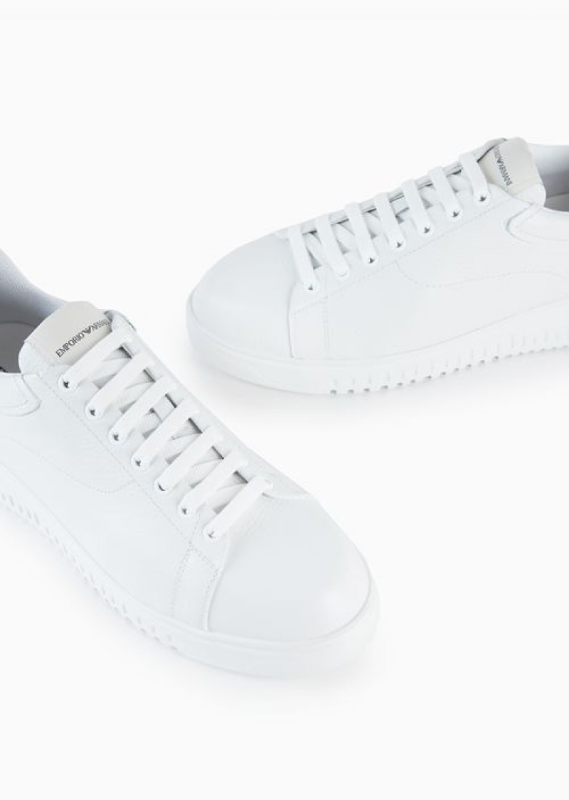 White Emporio Armani Tumbled Leather Sneakers | EA-SN58960