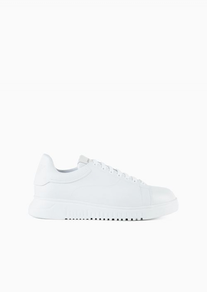 White Emporio Armani Tumbled Leather Sneakers | EA-SN58960