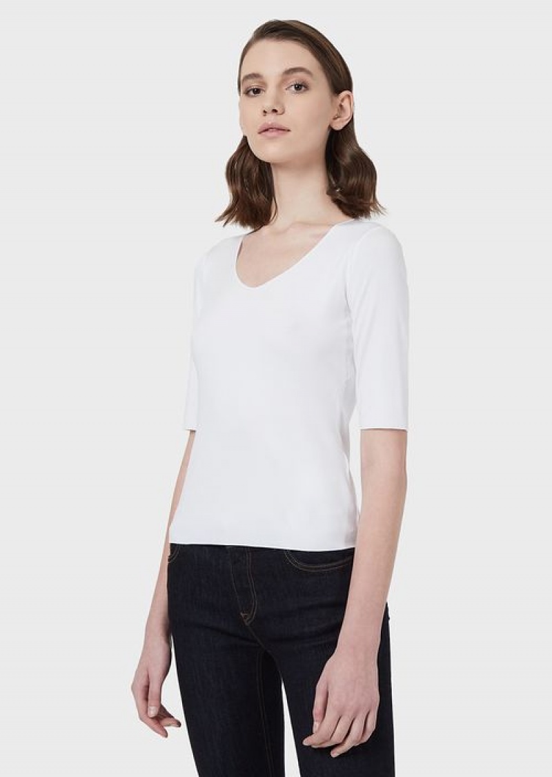 White Emporio Armani Viscose Stretch Jersey Jumper With Three-quarter Length Sleeves | EA-SN57050