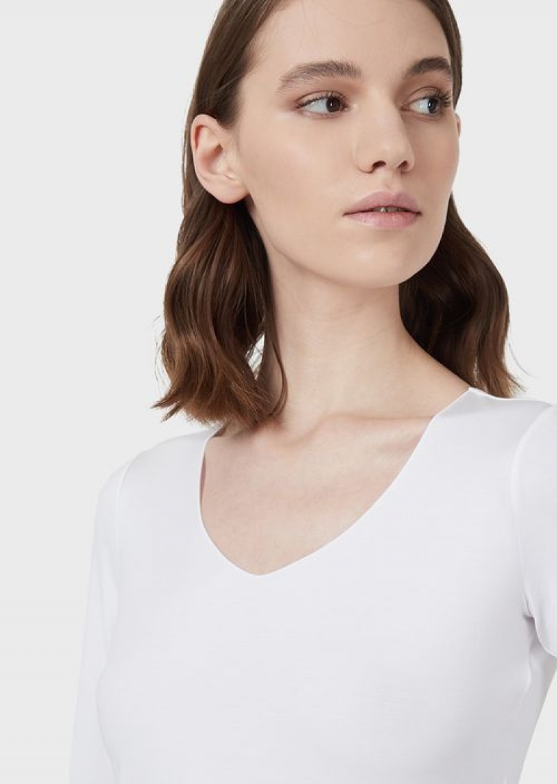 White Emporio Armani Viscose Stretch Jersey Jumper With Three-quarter Length Sleeves | EA-SN57050