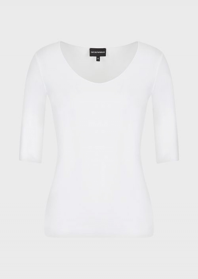 White Emporio Armani Viscose Stretch Jersey Jumper With Three-quarter Length Sleeves | EA-SN57050