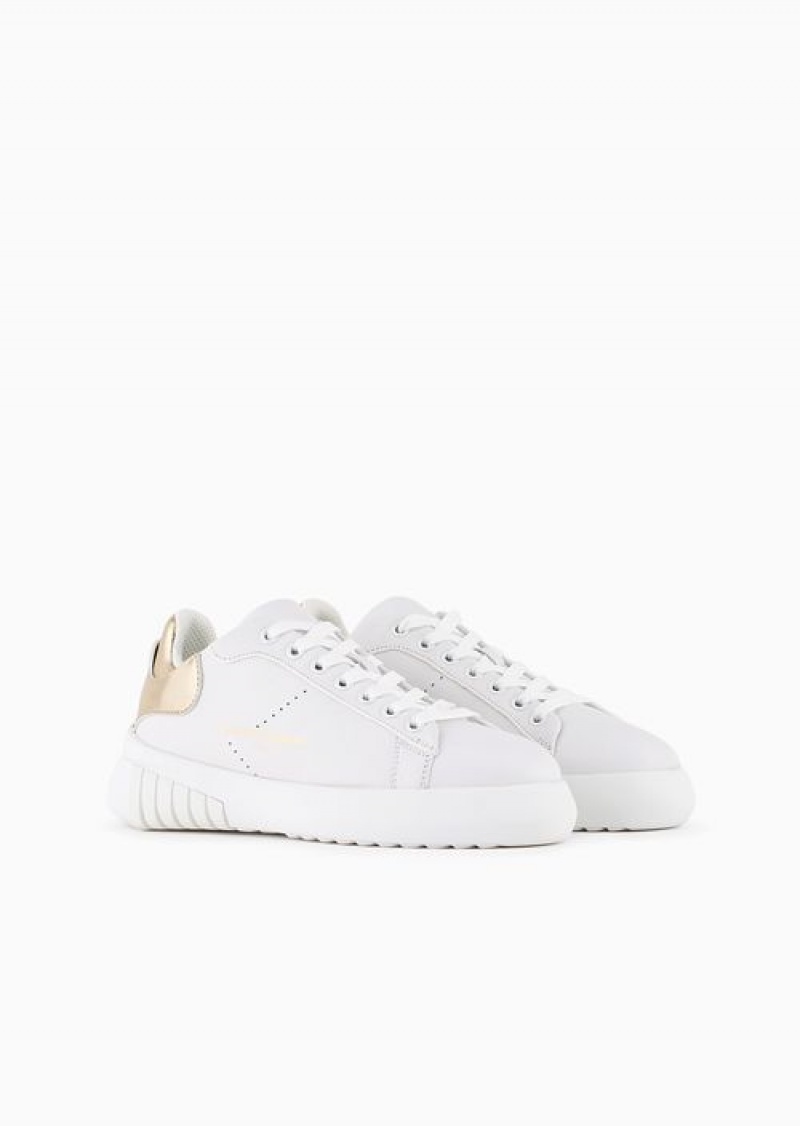 White Logo Emporio Armani Leather Sneakers With Laminated Back | EA-SN57198