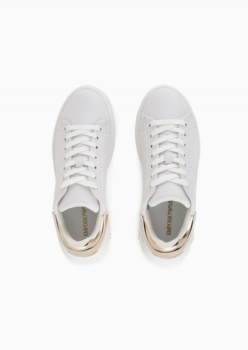 White Logo Emporio Armani Leather Sneakers With Laminated Back | EA-SN57198