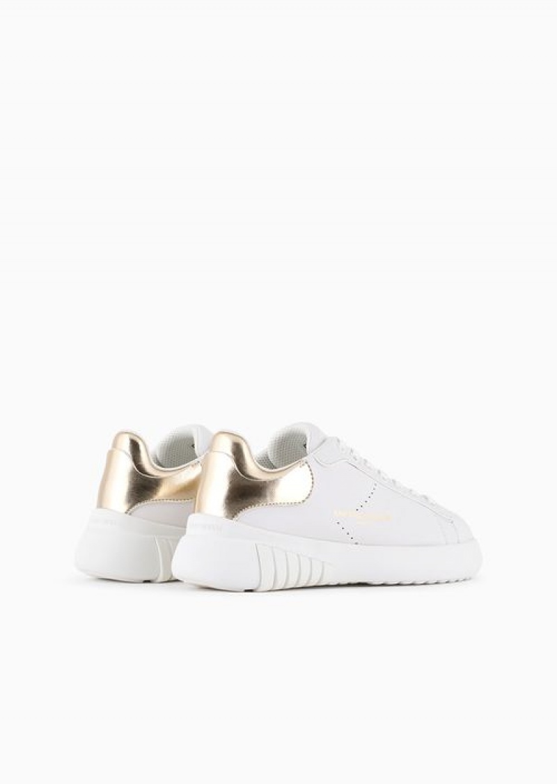 White Logo Emporio Armani Leather Sneakers With Laminated Back | EA-SN57198