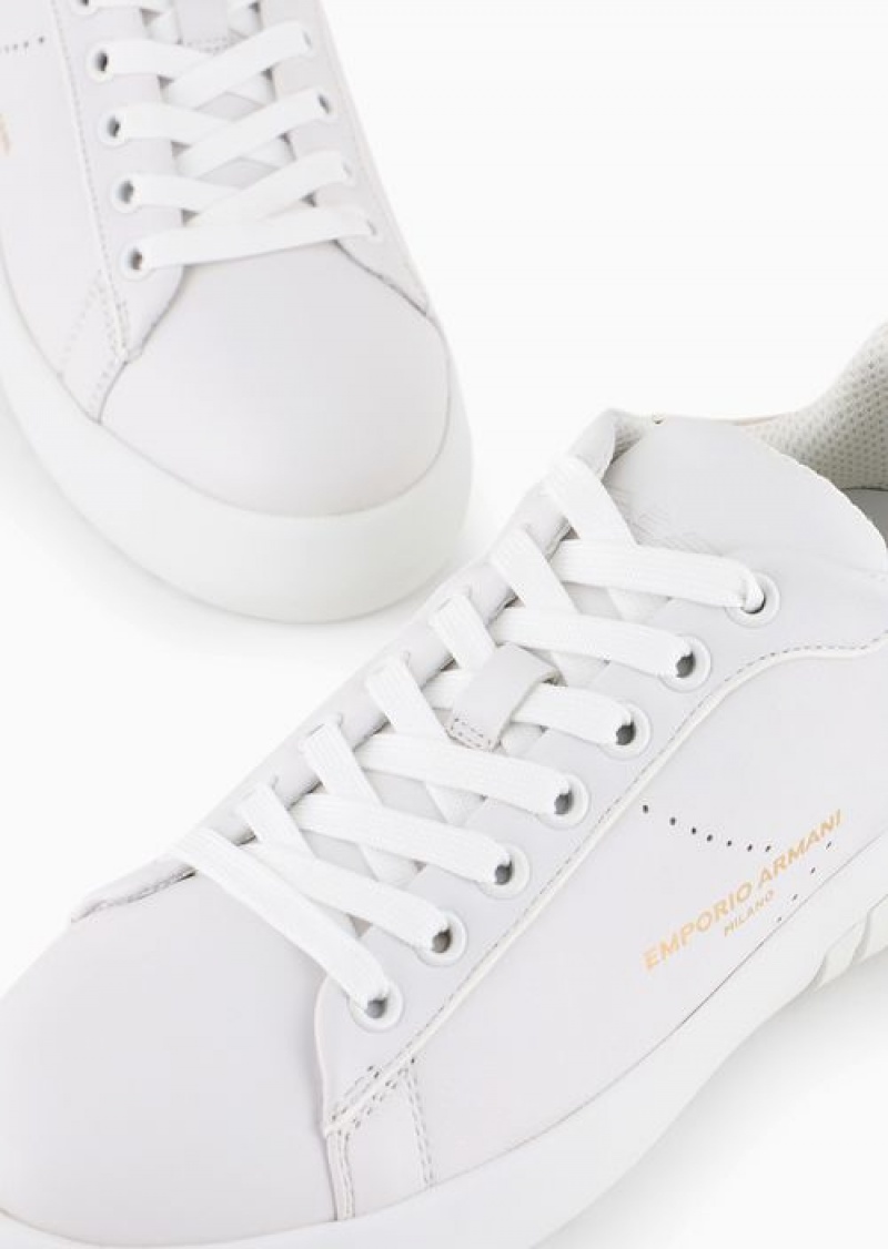 White Logo Emporio Armani Leather Sneakers With Laminated Back | EA-SN57198