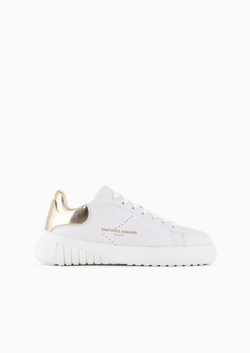 White Logo Emporio Armani Leather Sneakers With Laminated Back | EA-SN57198