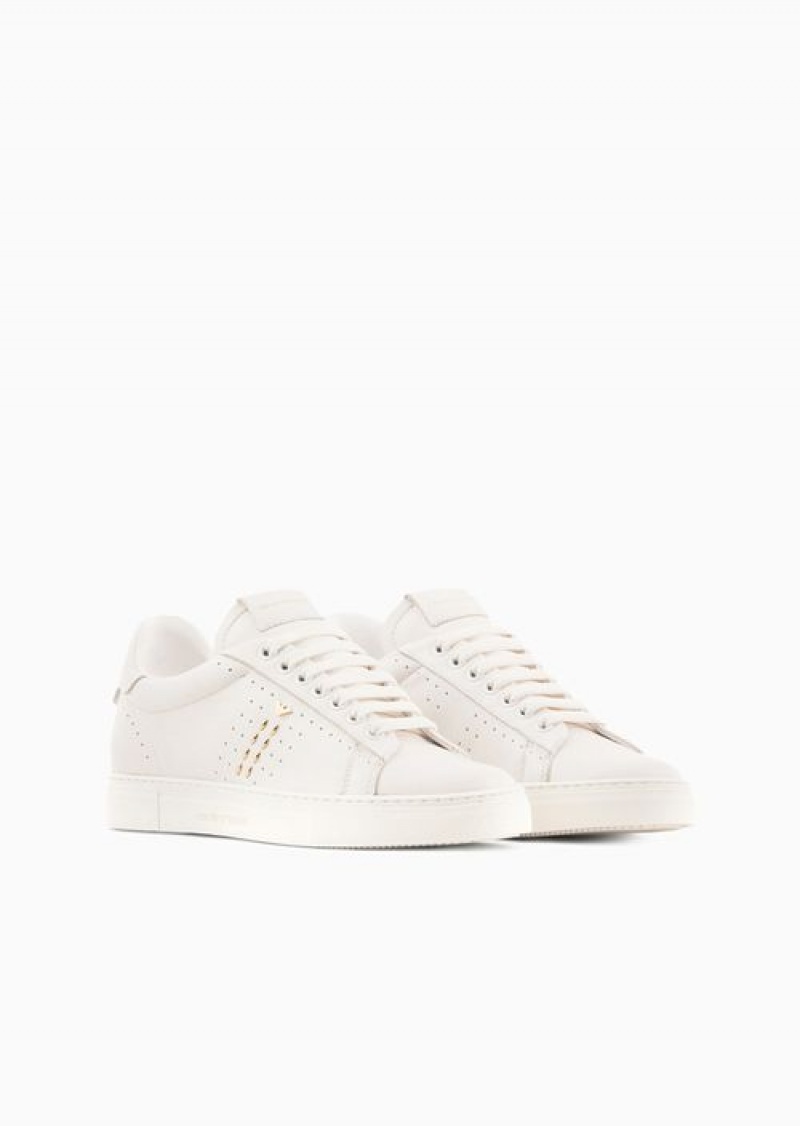 White Logo Emporio Armani Leather Sneakers With Studs And Perforated Motif | EA-SN57202