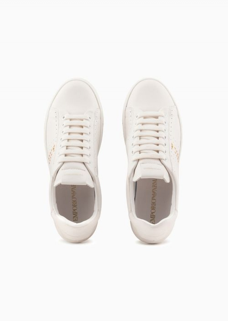 White Logo Emporio Armani Leather Sneakers With Studs And Perforated Motif | EA-SN57202