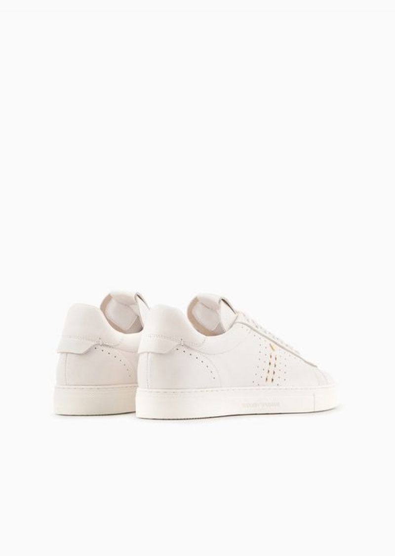 White Logo Emporio Armani Leather Sneakers With Studs And Perforated Motif | EA-SN57202