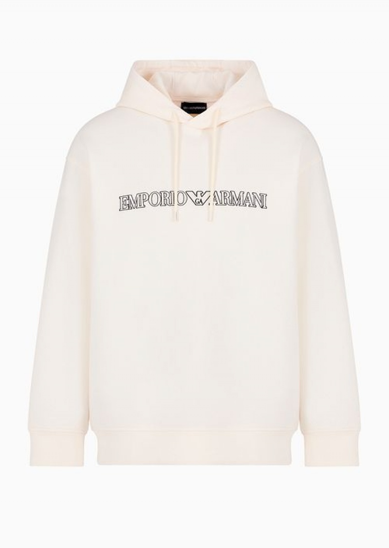 White Logo Emporio Armani Oversized Double-jersey Hooded Sweatshirt With Logo Embroidery Trim | EA-SN58548