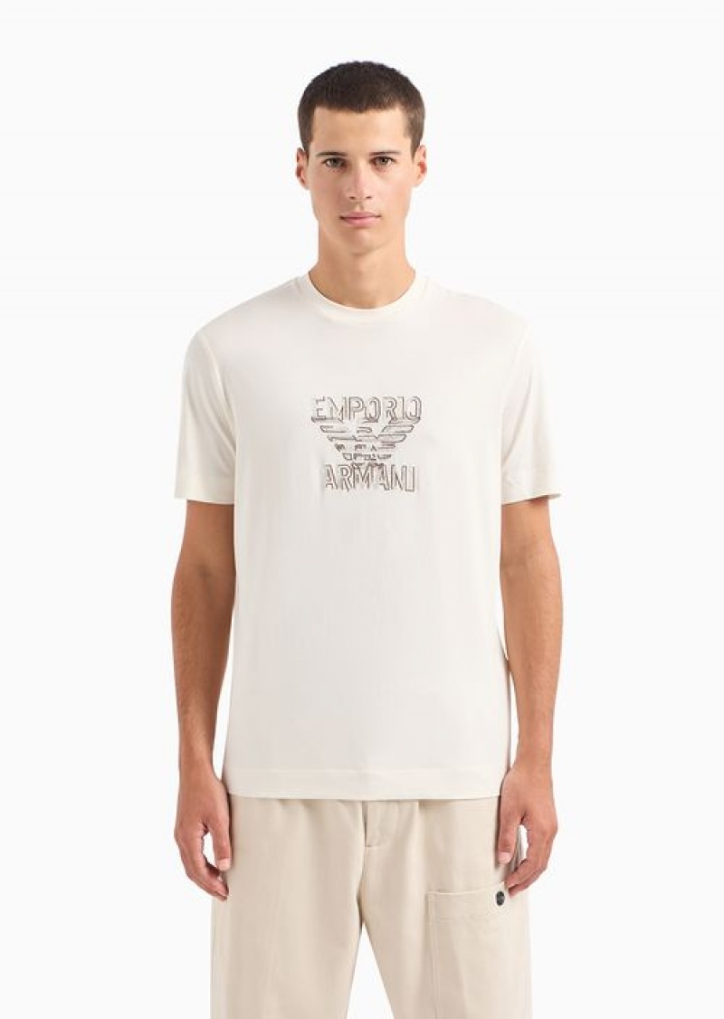 White Logo Emporio Armani Pima Jersey T-shirt With Logo Embroidery | EA-SN58599