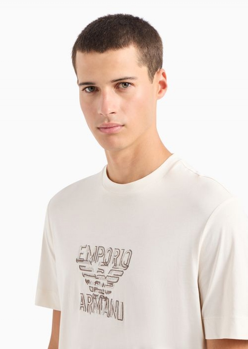 White Logo Emporio Armani Pima Jersey T-shirt With Logo Embroidery | EA-SN58599