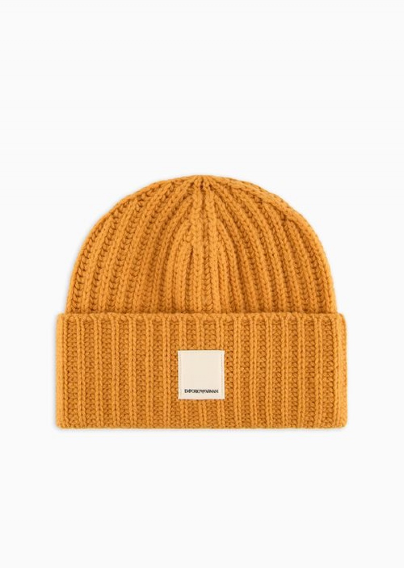 Yellow Emporio Armani Asv Capsule Fisherman’s-rib Wool Beanie | EA-SN59162